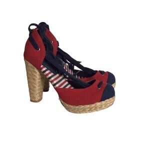 Envy Women Platform Espadrilles Sz. 8 Red Nautical Pin up Resortwear Yacht Party